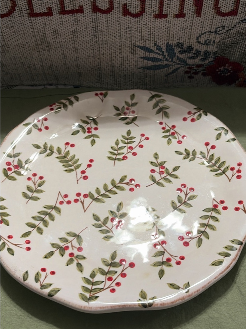 Holiday Berry Ceramic Dinner Plate - White with Red Berries